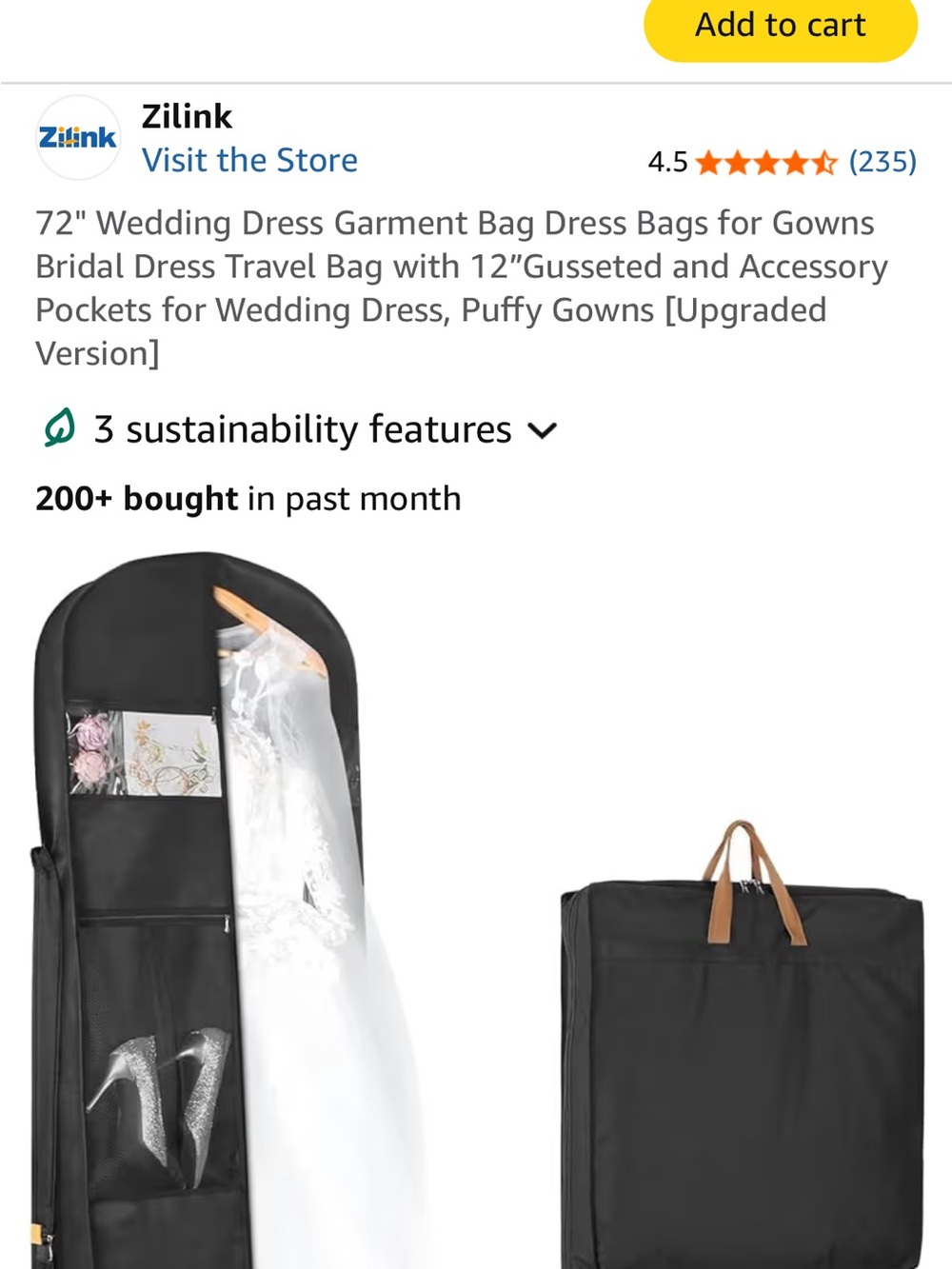 Link Black Garment Bag for Wedding Dresses with Tan Handles
